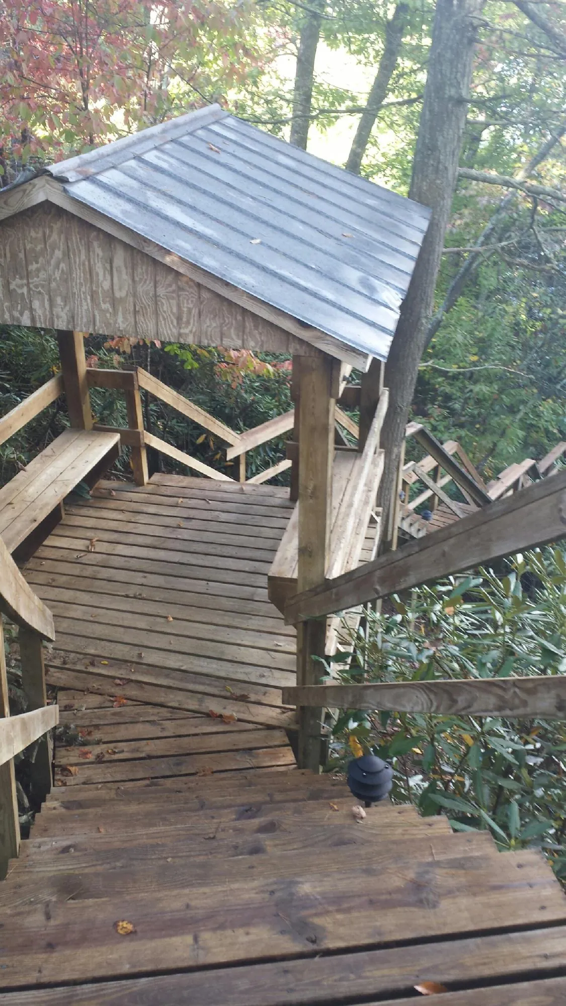 Metal roofed shelter over wooden steps on a wooded walkway — Skylight Repair & Installation work by our crew in Butte Falls